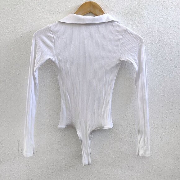 CLYQUE White Collared Rib Long Sleeve Bodysuit Size XS - Picture 2 of 6